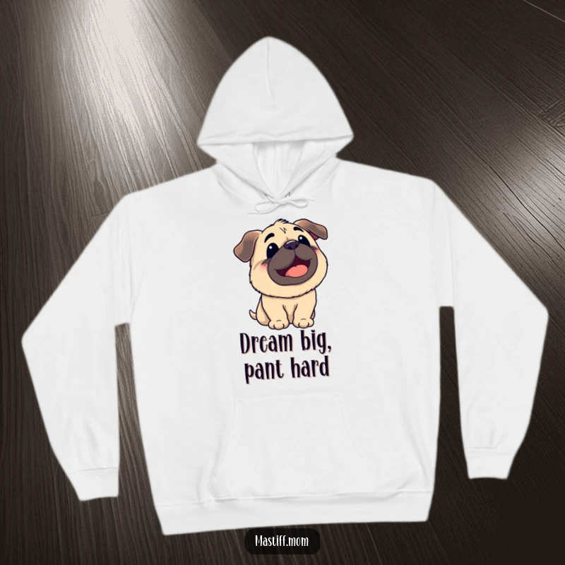 Funny Kawaii Mastiff Panting Looking Up at Sky Hoodie, warm pet-themed apparel, cute dog illustration, perfect gift for Mastiff lovers.