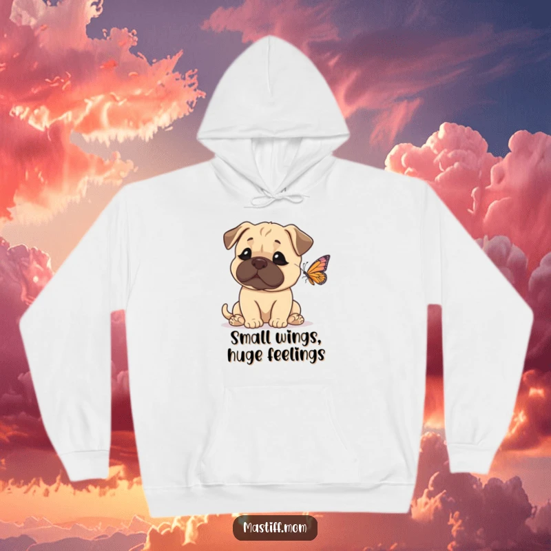 Funny Mastiff Hoodie showing a gentle giant dog completely awestruck by a tiny, fluttering butterfly. Cozy and hilarious design.