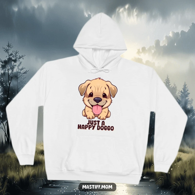 Funny Mastiff cub hoodie showing a cheerful puppy panting happily, perfect for cozy, humorous, and heartwarming wear.