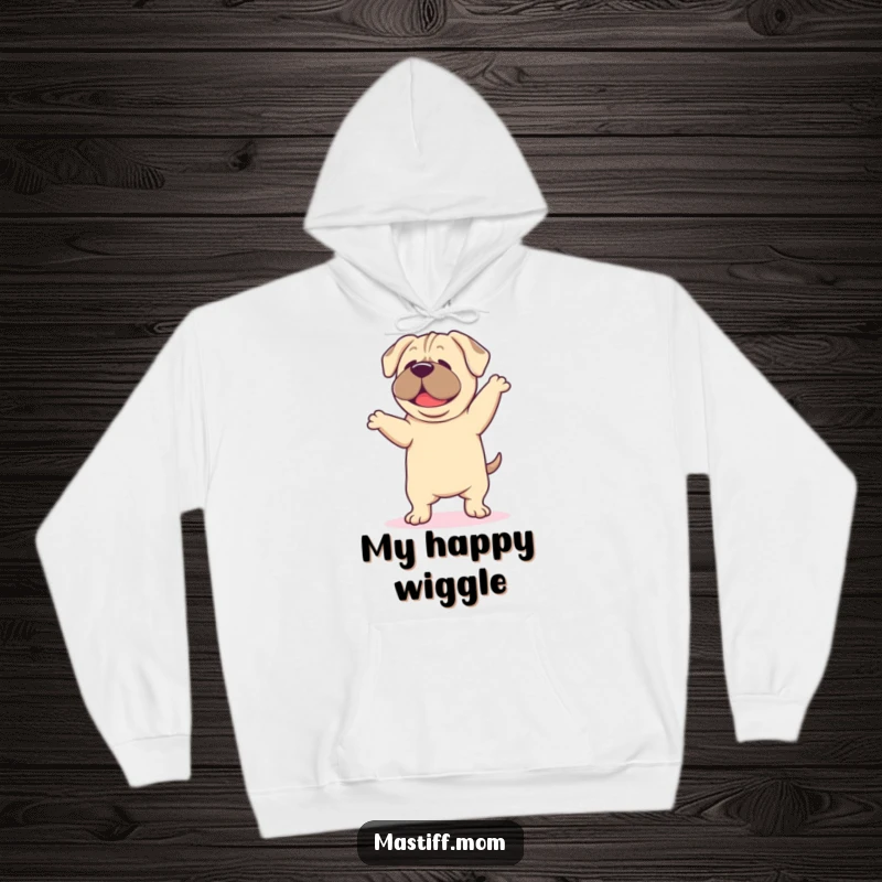 Funny Mastiff Dance Hoodie, featuring a happy kawaii mastiff dancing with droopy ears, perfect for staying warm and cheerful.