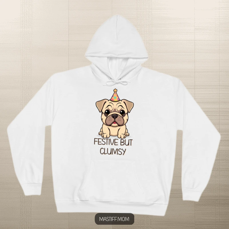 Funny Kawaii Mastiff Puppy Hoodie featuring a sweet puppy wearing a tiny party hat that's just a little bit crooked.