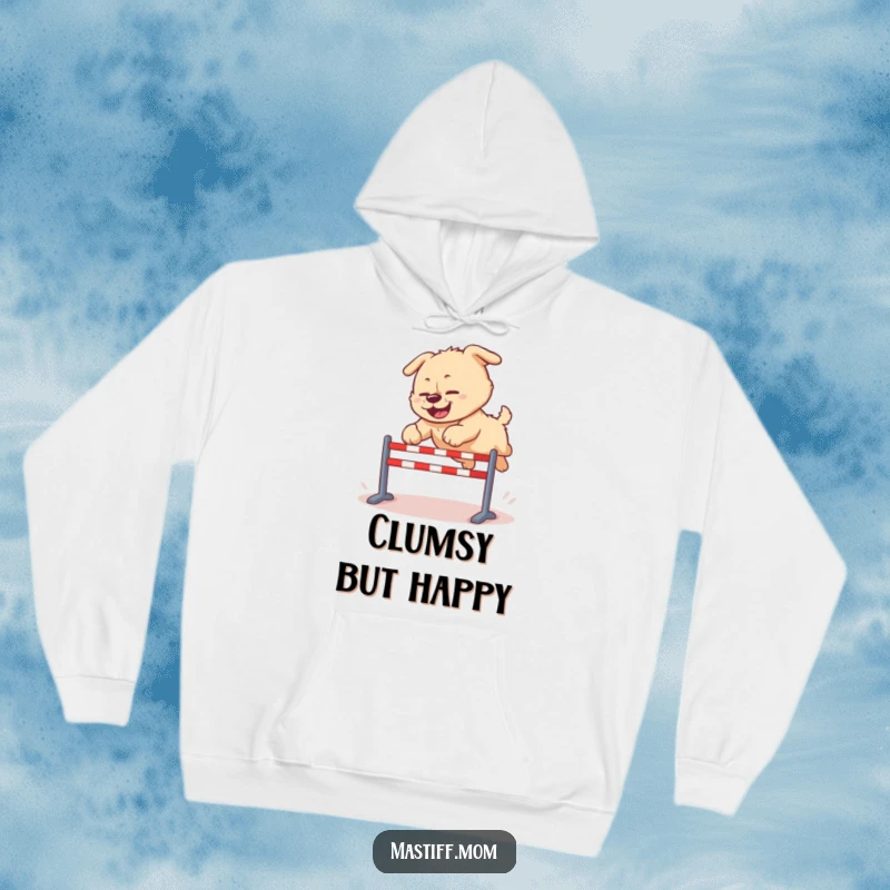 Funny Kawaii Mastiff hoodie, showing a dog mid-clumsy leap over a hurdle, embodying joyous effort and adorable determination.