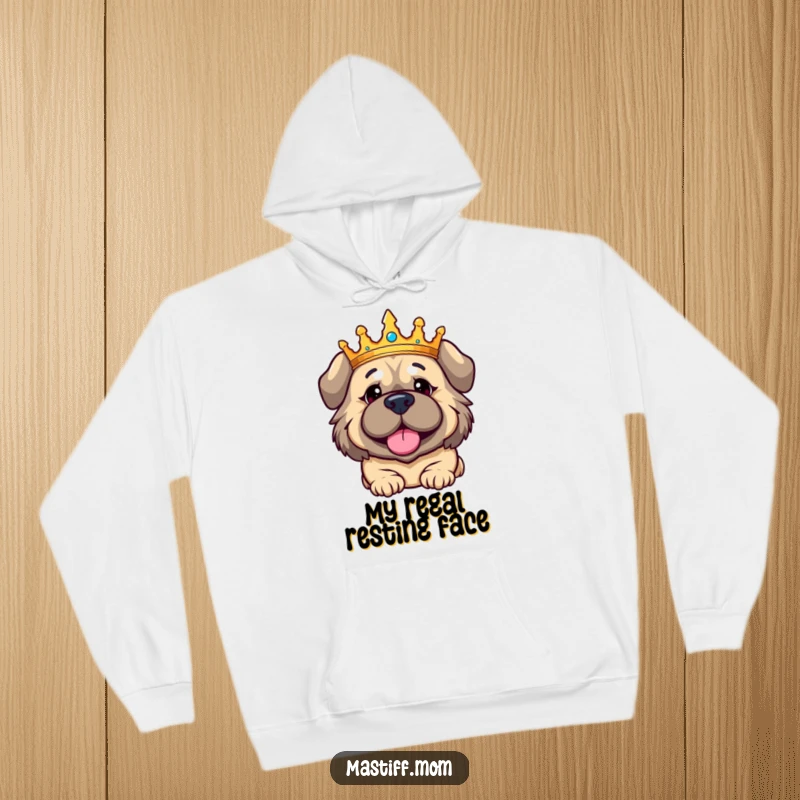 Funny Kawaii Mastiff hoodie, showing a dog wearing a crown with a regally amused look, symbolizing comfortable, playful authority.