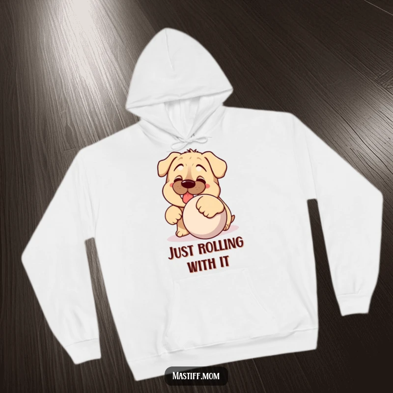 Funny Kawaii Mastiff hoodie, showing a happy dog with a wide grin nudging a giant ball, excellent for cold weather.