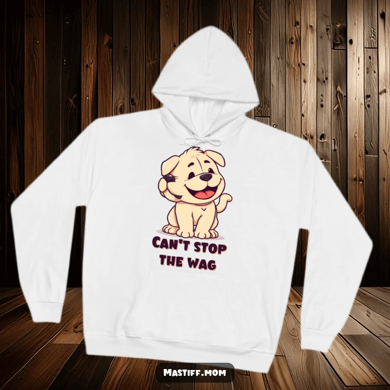 Funny, comfortable hoodie featuring a smiling kawaii Mastiff whose tail wags with immense, joyful power, perfect for cozying up.