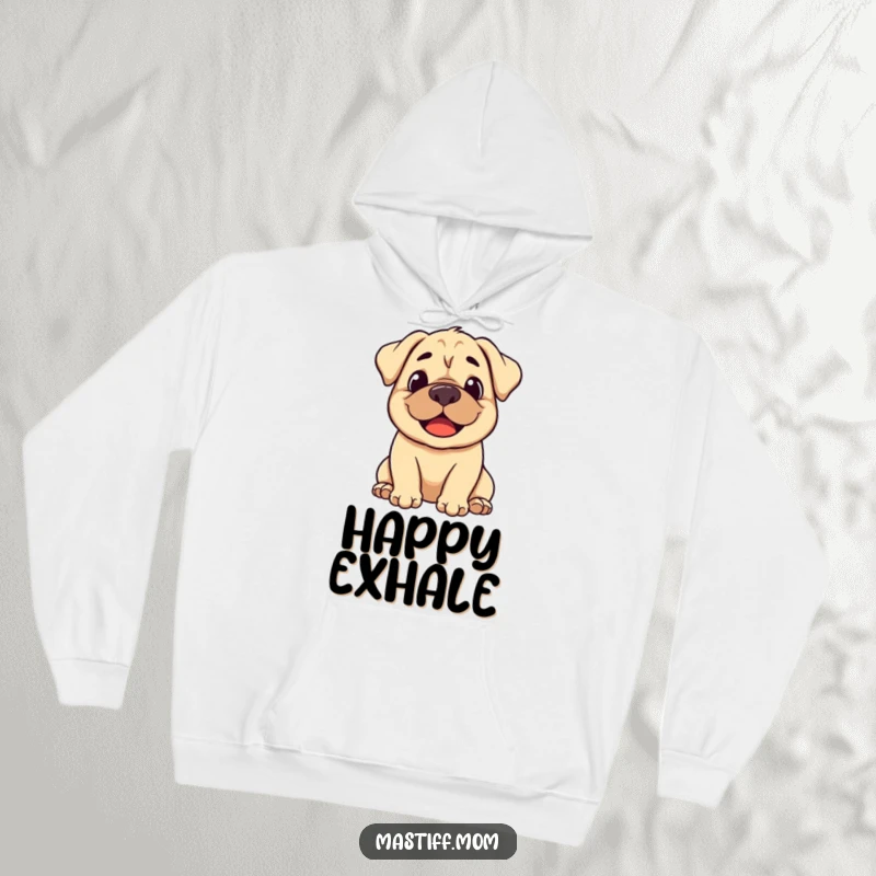 Funny stylized Mastiff hoodie with a smiling dog emitting a gentle and happy sigh.
