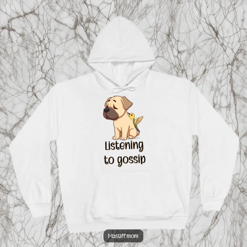 Funny Mastiff Bird Hoodie: A snuggle-ready dog tilting its head to listen intently to a small bird's melody.