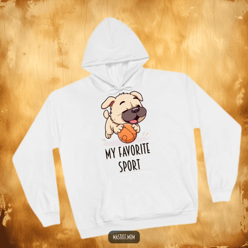 Funny Mastiff dog playfully chasing a rolling ball, designed for active fun on a warm hoodie.