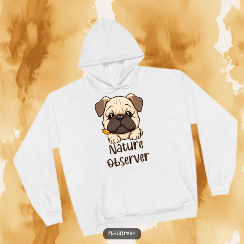 Funny Kawaii Mastiff hoodie, curious head tilt, watching a falling leaf, providing cozy comfort with a touch of gentle, observational humor.