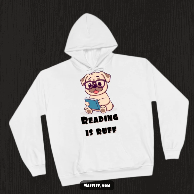 Funny Mastiff hoodie depicting a happy, contented dog wearing reading glasses and holding a book.
