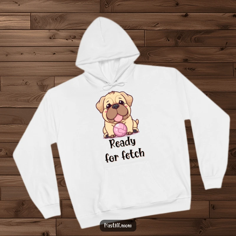 Funny Kawaii Mastiff hoodie showcasing a dog with a warm expression, gently nudging a tiny ball, offering a cozy and humorous feel.