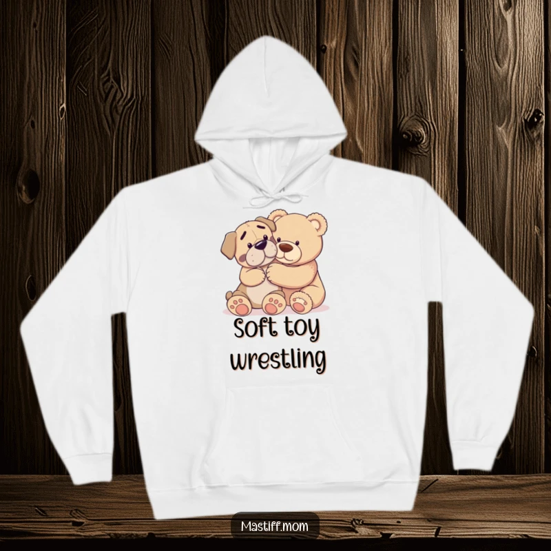 Funny hoodie showcasing a Mastiff dog gently nudging a giant teddy bear, embodying tenderness and playful companionship.