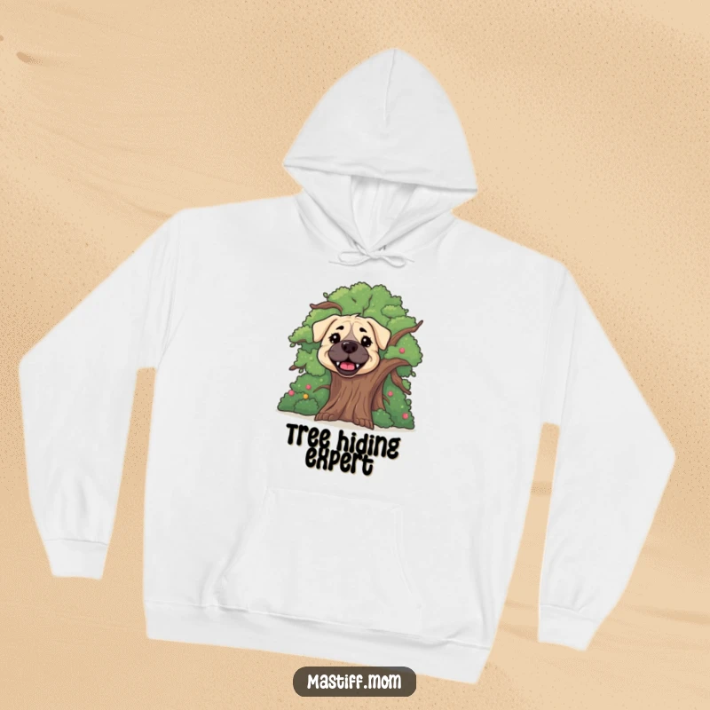 Funny happy Mastiff dog hoodie, featuring a cute dog peeking from behind a tree, designed for comfort and fun.