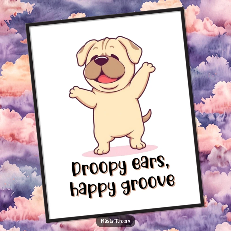 Funny Free Printable Kawaii Mastiff Wall Art: Mastiff doing a slow, happy dance with very droopy ears, radiating pure, gentle happiness.