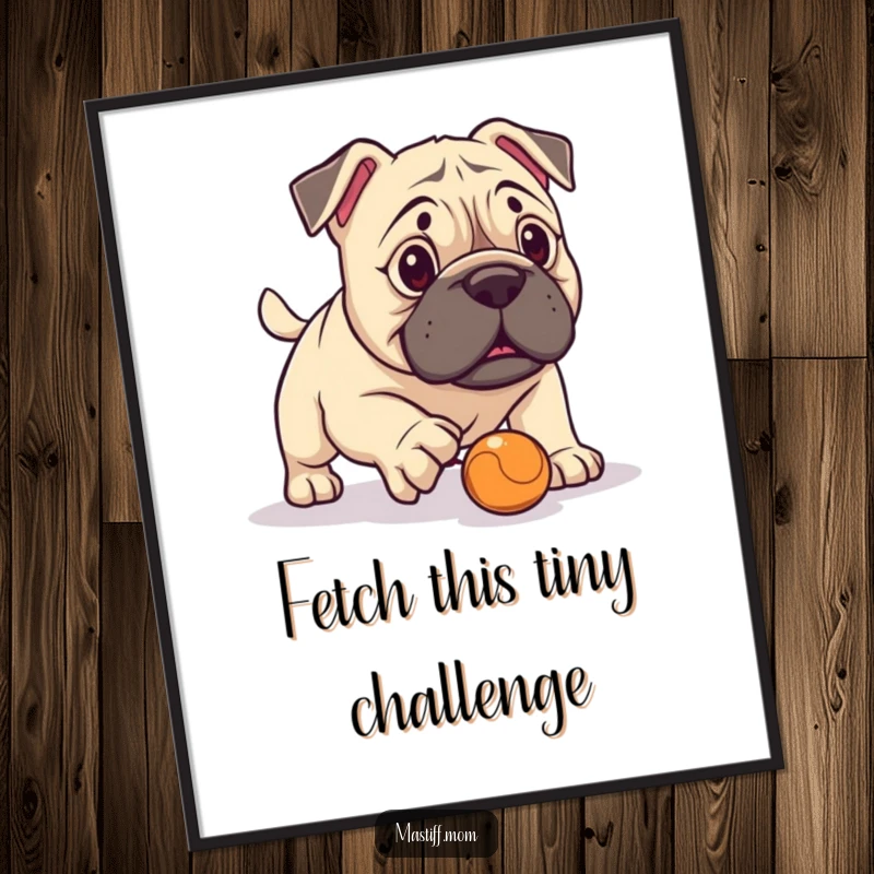 Funny Free Printable Wall Art: Kawaii Mastiff comically failing to fetch a minuscule ball, humorous dog-themed decor.
