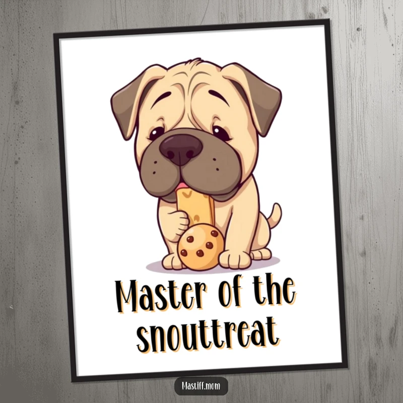 Free Printable Wall Art: A chubby Kawaii Mastiff focused entirely on balancing one small treat on its big snout.