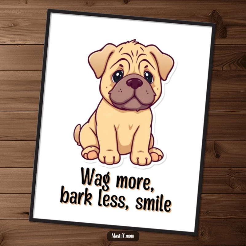 Funny free printable wall art of a kawaii mastiff puppy sitting with a gentle wag, radiating warmth and happiness.