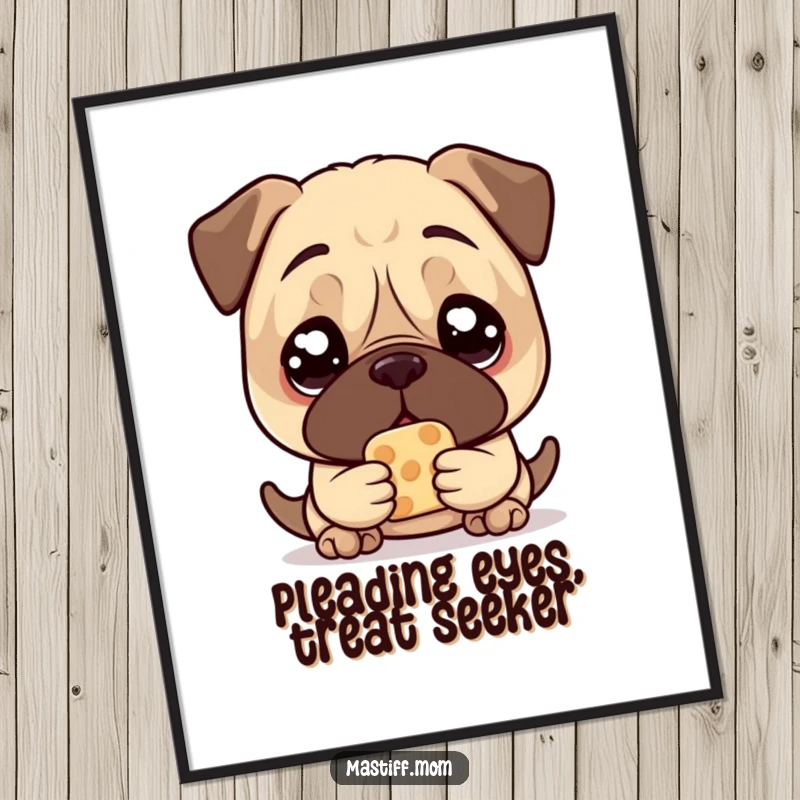 Funny Free Printable Kawaii Mastiff Wall Art: Mastiff with large, pleading eyes, holding one treat, looking irresistibly cute and hopeful.