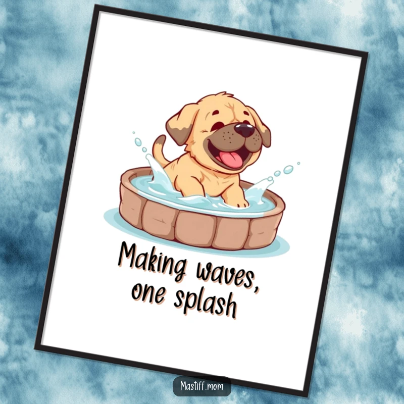 Funny Free Printable Mastiff Cub Wall Art of a giggling puppy joyfully splashing in a dog pool, radiating fun and happiness.
