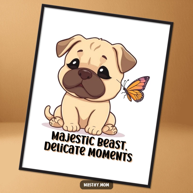 Funny Free Printable Wall Art: Majestic Mastiff looks utterly amazed by a tiny, colorful butterfly fluttering nearby.