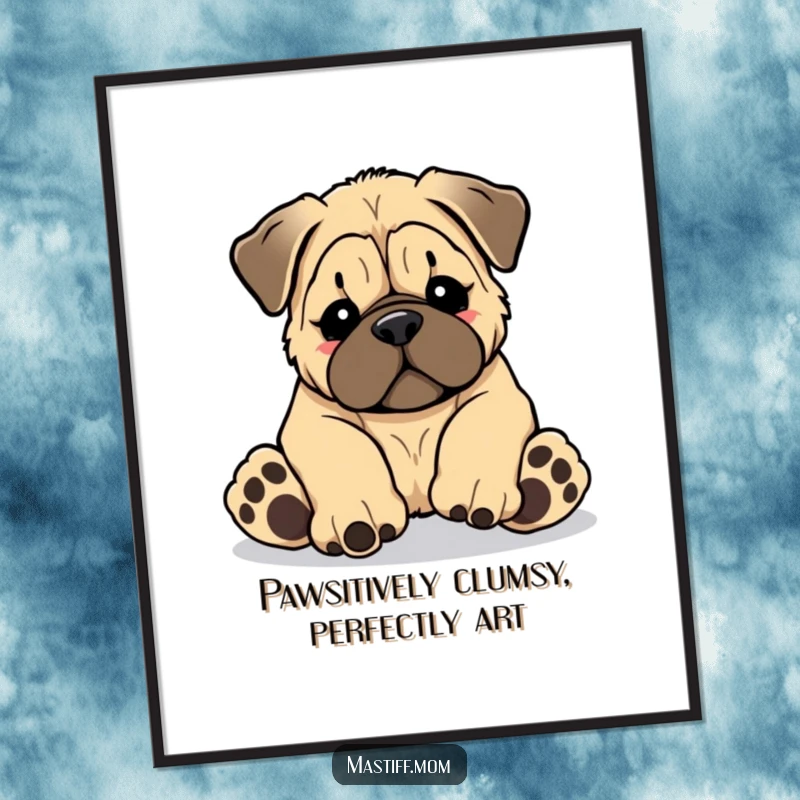 Funny Free Printable Wall Art: Kawaii Mastiff puppy adorably tripping over its own giant paws, bringing laughter to any room.