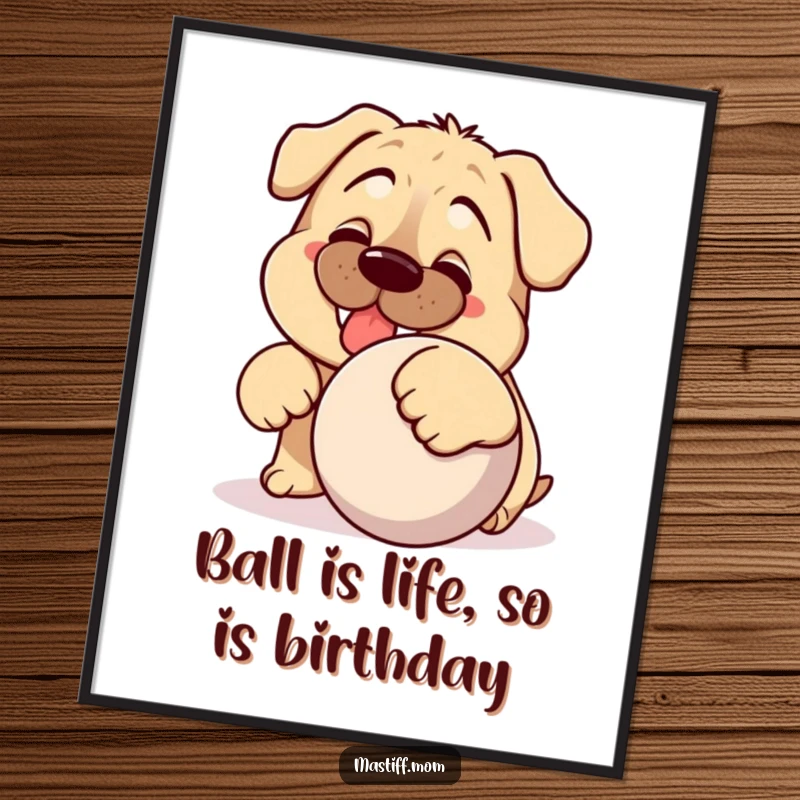 Funny Free Printable Wall Art: Kawaii Mastiff with a huge silly grin, playfully nudging a large ball, bringing joy.