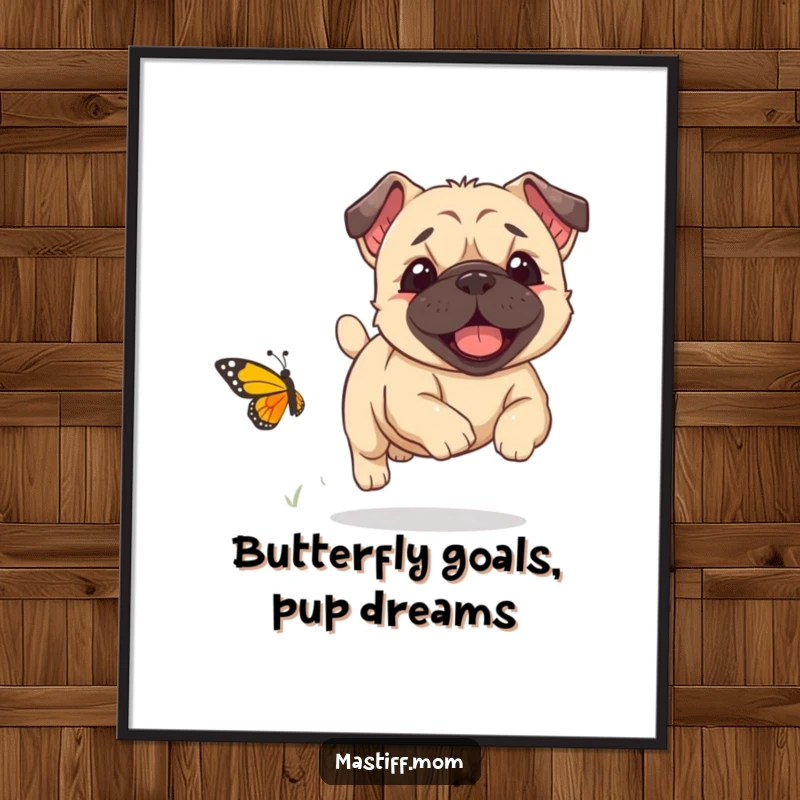 Funny Free Printable Wall Art: Kawaii Mastiff puppy joyfully chasing a comically small butterfly in a heartwarming, humorous scene.