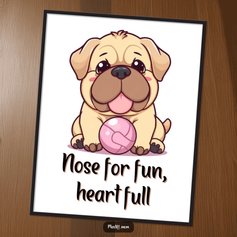 Funny Free Printable Wall Art: A Kawaii Mastiff with a gentle expression nudging a tiny ball.