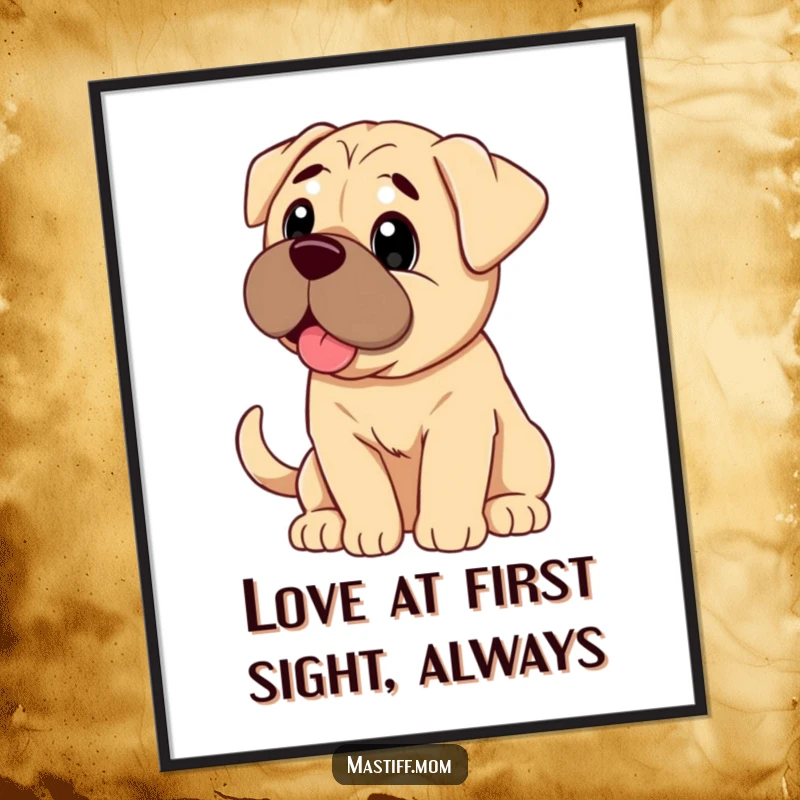 Funny Free Printable Wall Art of a Mastiff looking with pure adoration and a subtly wagging tail. Downloadable art.
