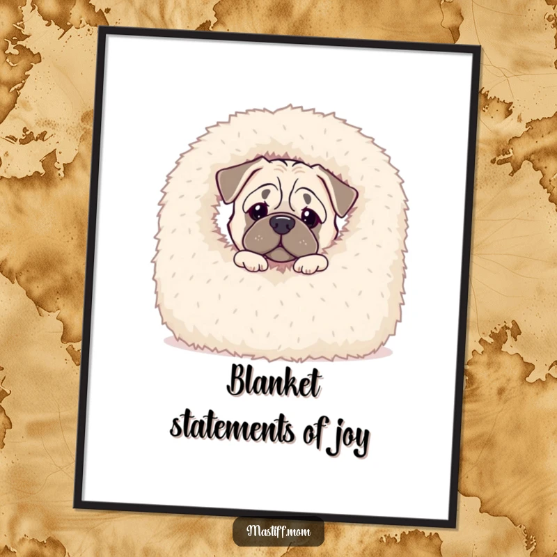 Funny Free Printable Wall Art: Kawaii mastiff peeking inquisitively from behind a huge, soft, fluffy white blanket.