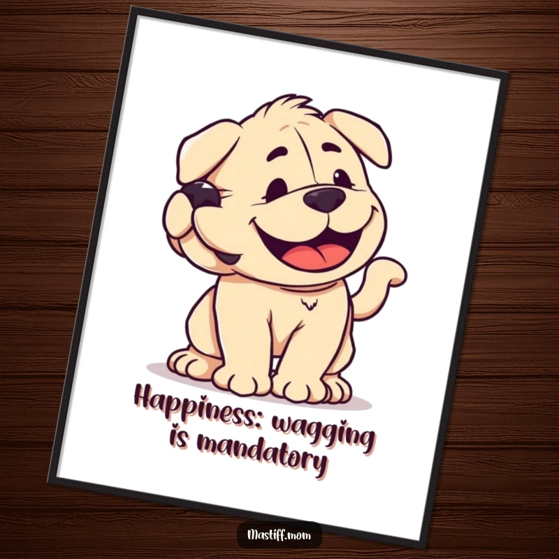 Funny Free Printable Wall Art: A smiling kawaii Mastiff's tail wags with immense, raw power, radiating pure happiness.