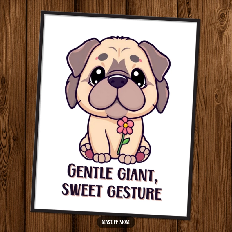Funny Free Printable Wall Art: Kawaii Mastiff with a gentle gaze offering a tiny flower, radiating sweetness and charm.