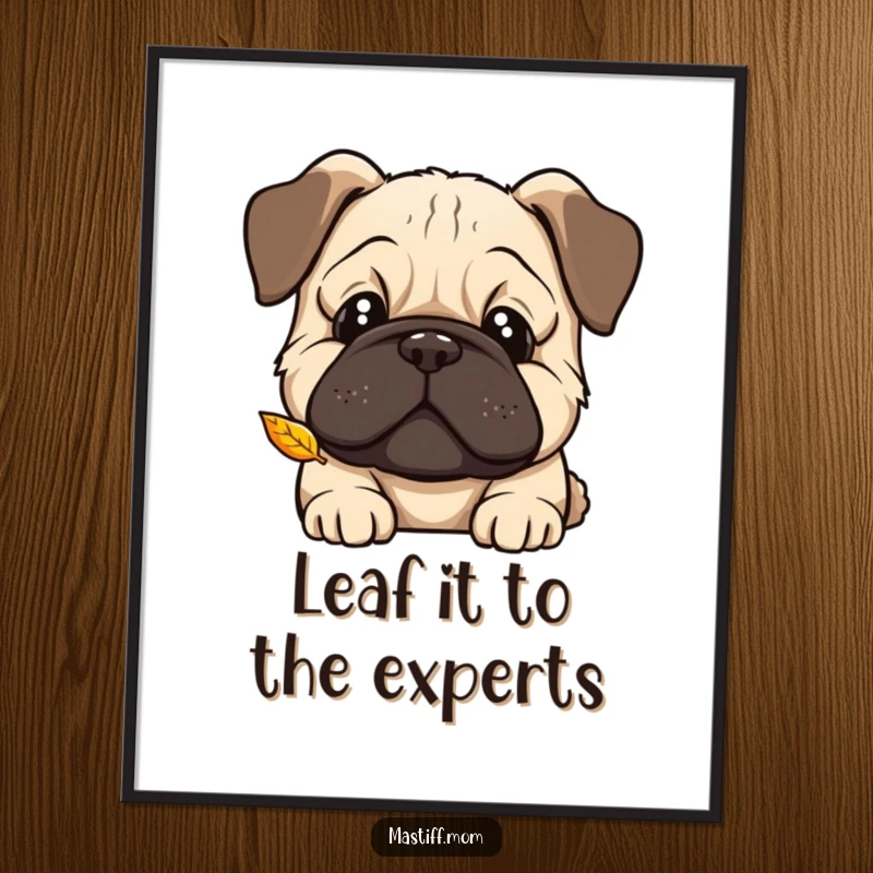 Funny free printable wall art: A kawaii Mastiff tilts its head, exhibiting pure curiosity while intently watching a leaf fall.