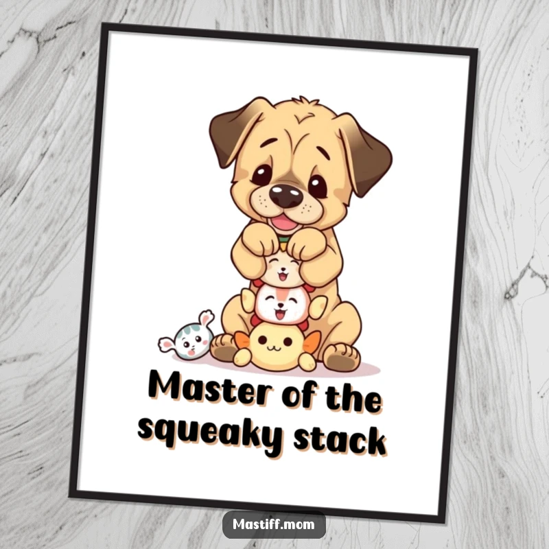 Funny Free Printable Wall Art: A playful Mastiff cub triumphantly balances a towering stack of surprisingly small squeaky toys.