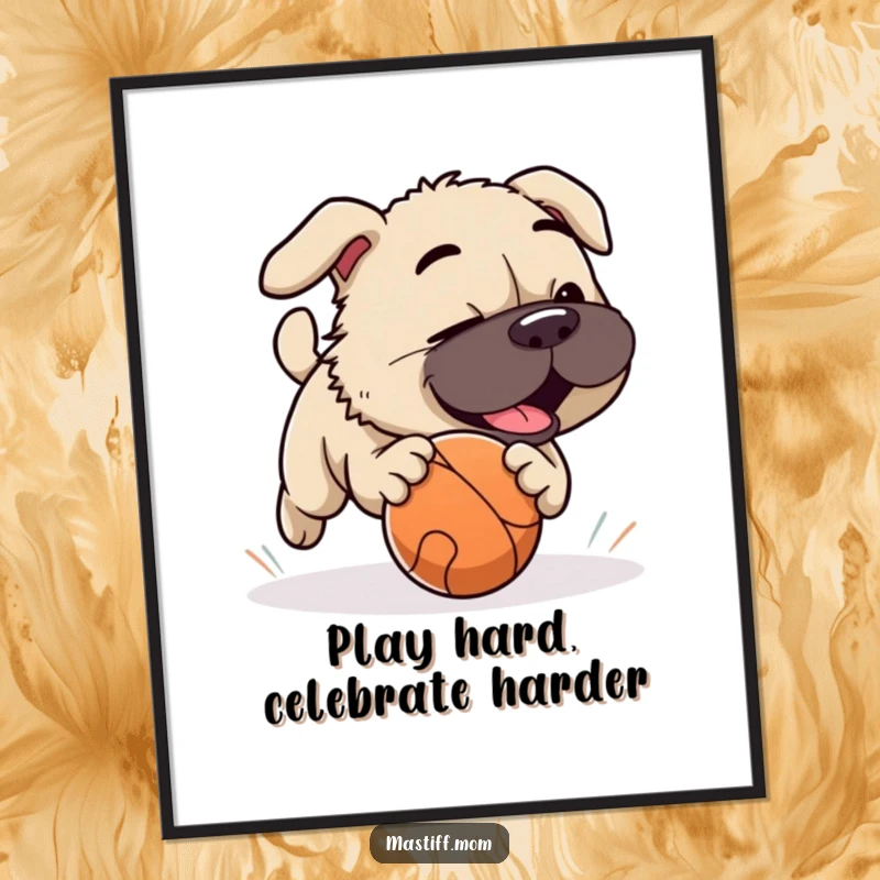 Funny Free Printable Wall Art of a Mastiff playfully chasing a rolling ball with focused determination. Downloadable art.