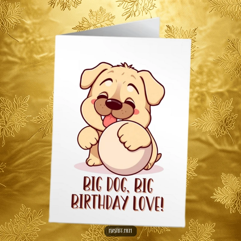 Funny Free Printable Birthday Card: Kawaii Mastiff with silly grin, playully nudging a giant ball, ready to celebrate.