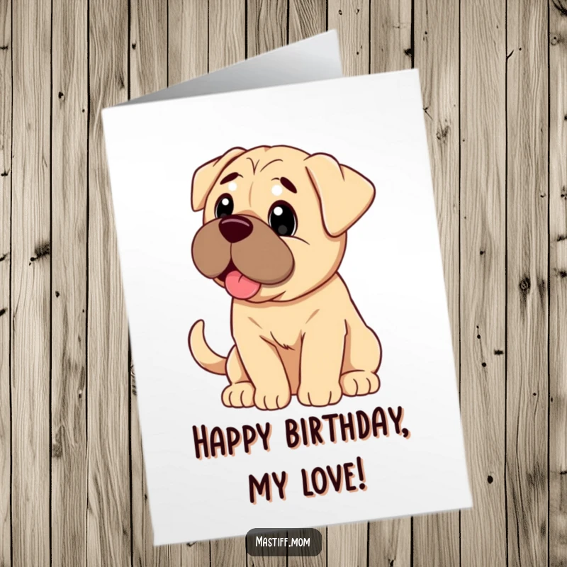 Funny Free Printable Birthday Card featuring a Mastiff with pure adoration and a happily wagging tail. Downloadable art.
