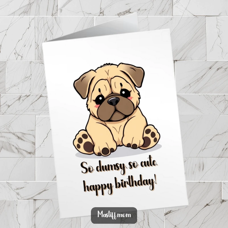 Funny Free Printable Birthday Card: Kawaii Mastiff puppy hilariously tripping over its own giant paws, full of birthday cheer.