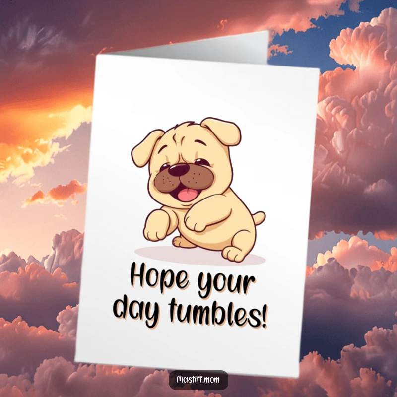 Funny Free Printable Birthday Card: A kawaii mastiff puppy hilariously doing a happy, clumsy tumble with its paws in the air.
