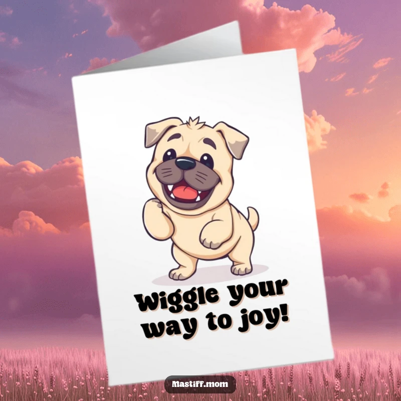 Funny Free Printable Birthday Card: A kawaii mastiff doing a hilariously wobbly, enthusiastic wiggle, spreading joy.