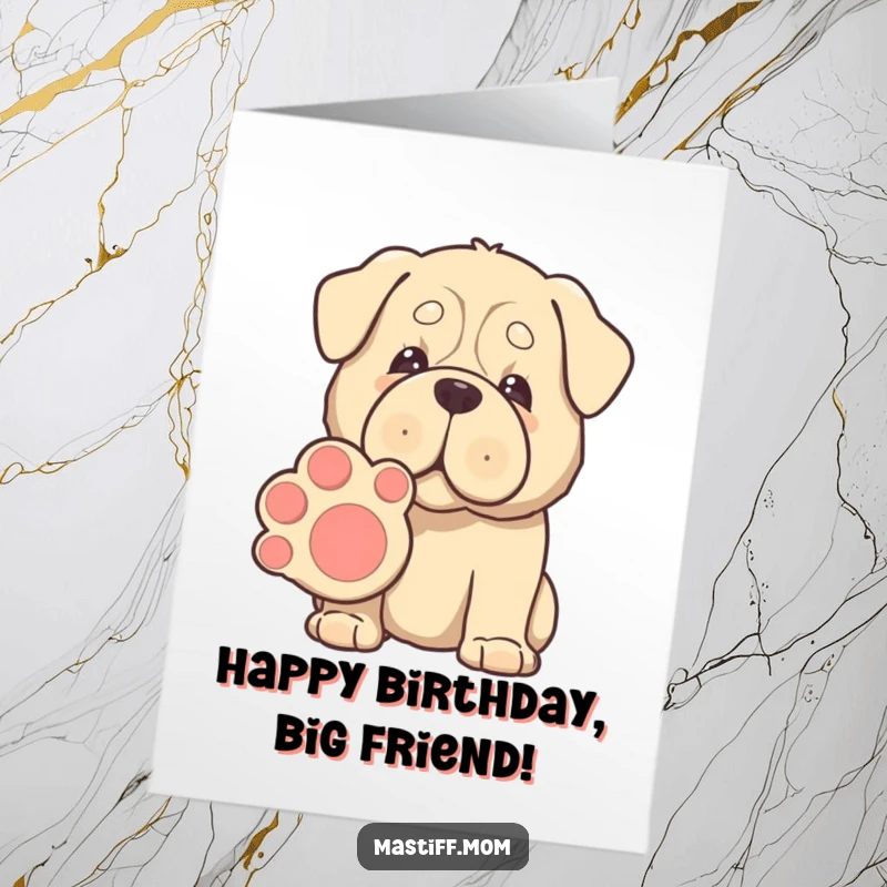 Funny free printable birthday card: A kawaii Mastiff with incredibly gentle eyes offers a huge paw for a friendly shake.
