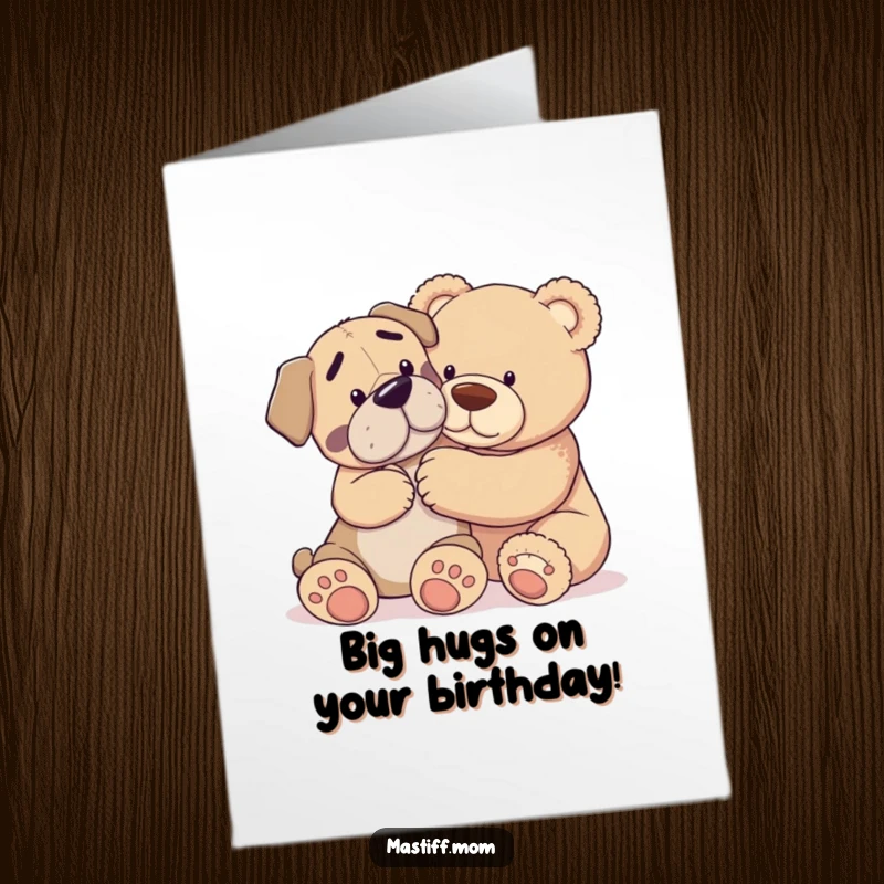Funny Free Printable Birthday Card: A large Mastiff gently nudging a giant teddy bear with its nose. Adorable dog and toy art.