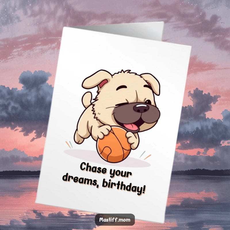Funny Free Printable Birthday Card featuring a Mastiff playfully chasing a rolling ball with pure joy. Downloadable art.