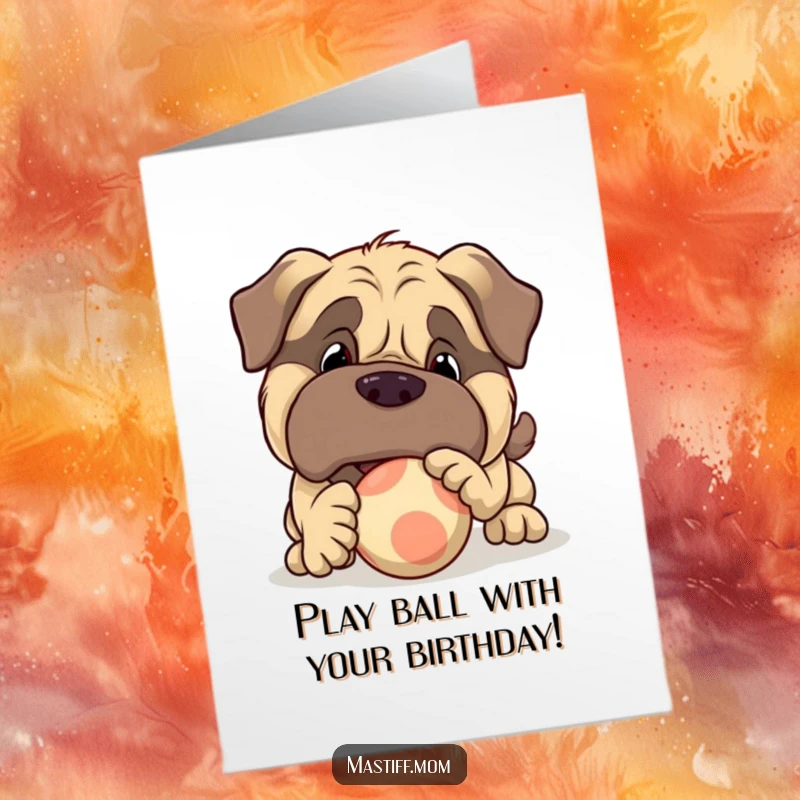 Funny Free Printable Birthday Card: A large Mastiff character happily nudging a brightly colored bouncy ball with its nose.
