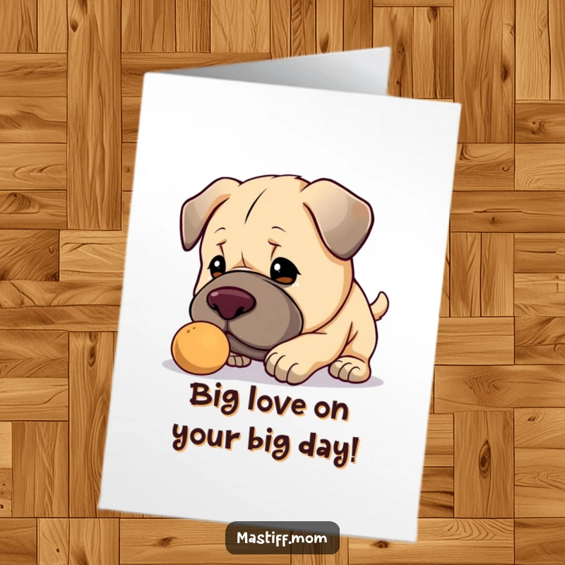 Funny Free Printable Mastiff Birthday Card: Kawaii dog gently nudging an object with its nose.