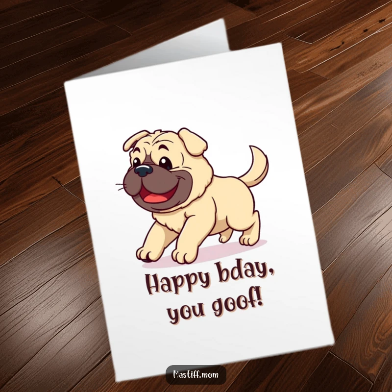 Free Printable Birthday Card: Kawaii mastiff performing a clumsy but joyful stumble, tail wagging enthusiastically.