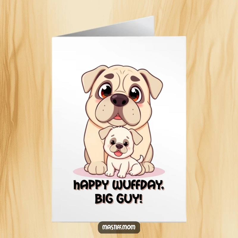 Funny Free Printable Birthday Card: Kawaii Mastiff with loving eyes nudging a small, happy puppy.