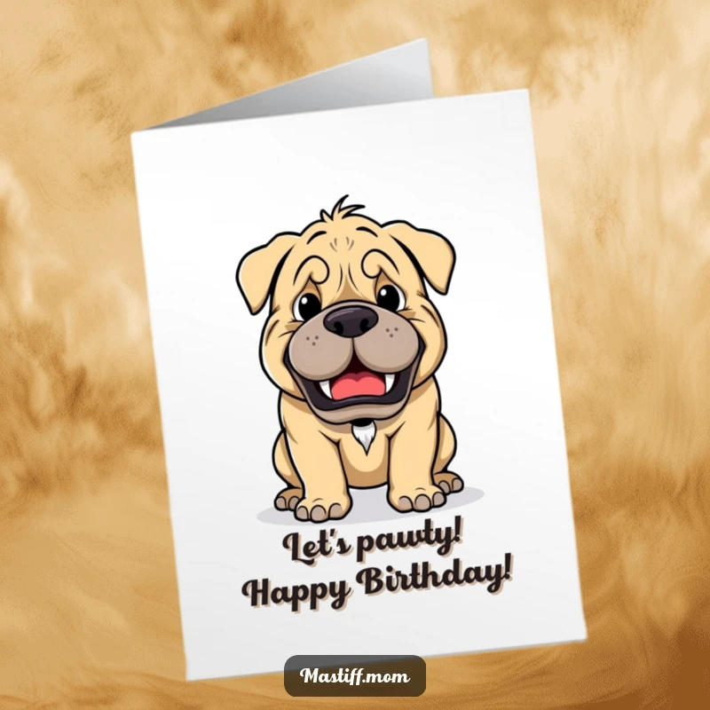 Funny Free Printable Birthday Card: A gentle Kawaii mastiff with a playful growl, inviting you to a game, tongue slightly out.