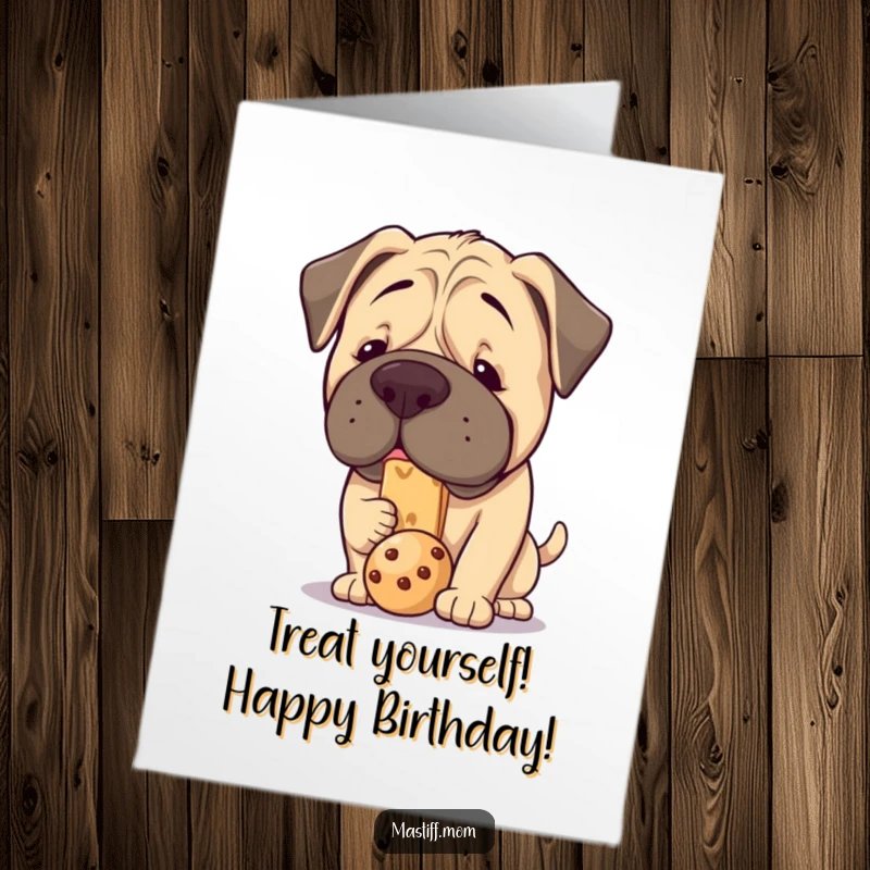 Funny Free Printable Birthday Card: Kawaii Mastiff balances one treat precariously on its snout, looking determined.