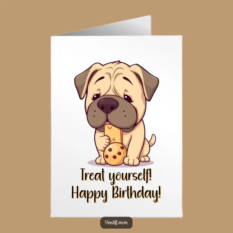 Free Printable Kawaii Mastiff Birthday Card: Hilarious Treat Balancing Dog Downloadable Gift